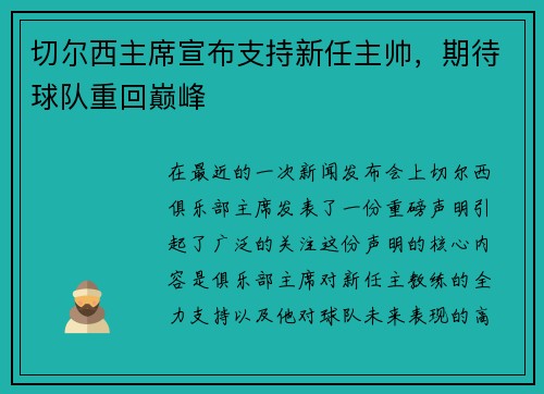 切尔西主席宣布支持新任主帅，期待球队重回巅峰